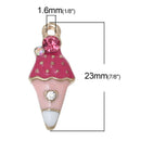 5 ICE CREAM Cone Gold-Plated Rhinestone Metal Charm Pendants, Pink and White Enamel, che0511
