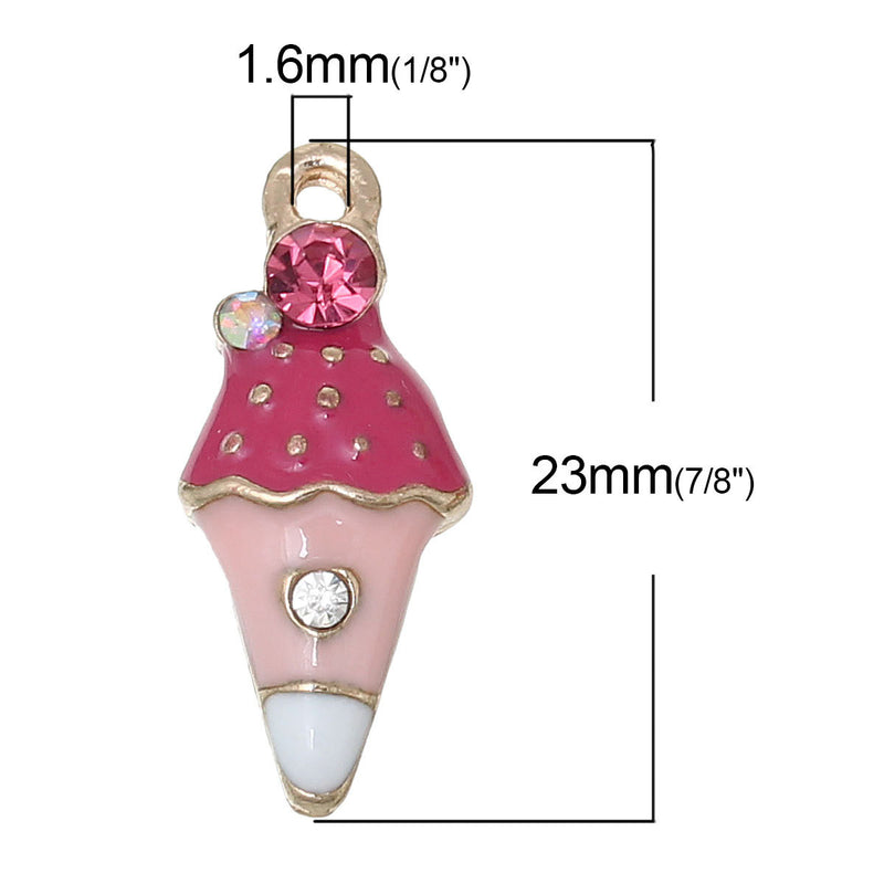 5 ICE CREAM Cone Gold-Plated Rhinestone Metal Charm Pendants, Pink and White Enamel, che0511