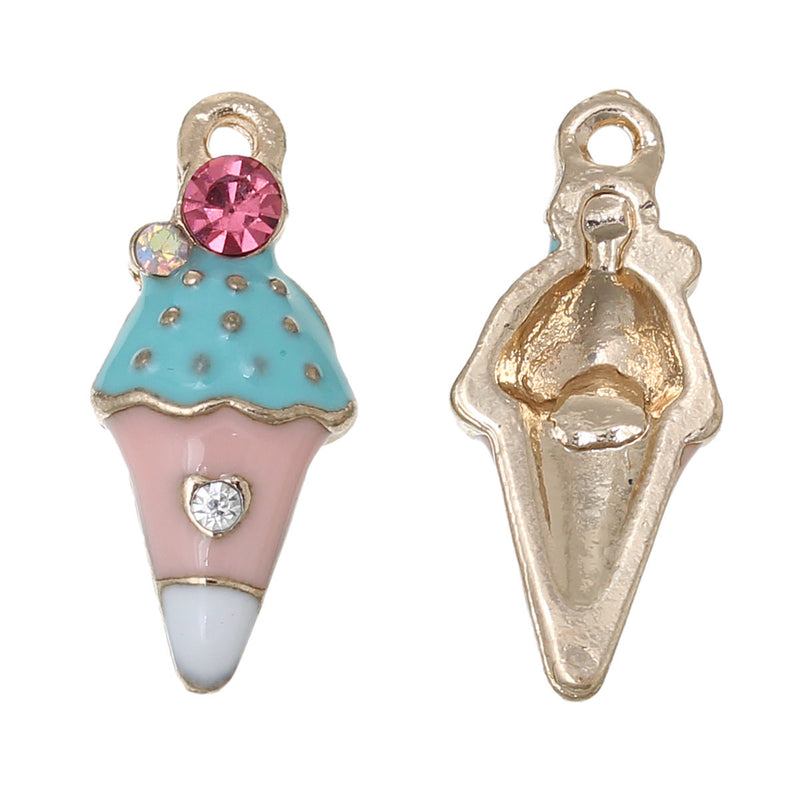5 ICE CREAM Cone Gold-Plated Rhinestone Metal Charm Pendants, Blue Pink and White Enamel, che0509