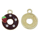 5 CHOCOLATE FOODIE Donut Gold Plated Enamel Rhinestone Charm Pendants, 14mm . che0495