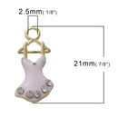 5 Rhinestone BALLET TUTU Dress Dance Charms, Pink Enamel Gold Tone Metal Pendants, che0504