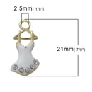 5 Rhinestone BALLET TUTU Dress Dance Charms, White Enamel Gold Tone Metal Pendants, che0503