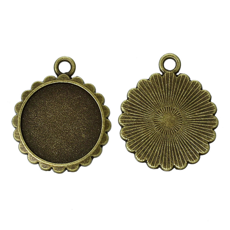 10 ROUND CABOCHON Blanks, Picture Frame Charm Pendant, scalloped edge, Antique Bronze Metal, fits 16mm cabochons, bronze bezel tray - chb0422