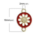 5 RED FLORAL Connectors Round Links, Enamel Charm Pendants, gold plated, 1/2" dia. Chg0356