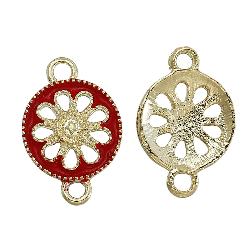 5 RED FLORAL Connectors Round Links, Enamel Charm Pendants, gold plated, 1/2" dia. Chg0356