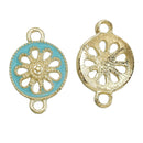 5 BLUE FLORAL Connectors Round Links, Enamel Charm Pendants, gold plated, 1/2" dia. Chg0355