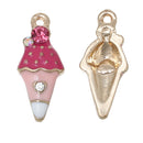 5 ICE CREAM Cone Gold-Plated Rhinestone Metal Charm Pendants, Pink and White Enamel, che0511