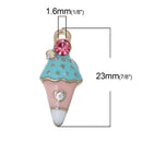 5 ICE CREAM Cone Gold-Plated Rhinestone Metal Charm Pendants, Blue Pink and White Enamel, che0509