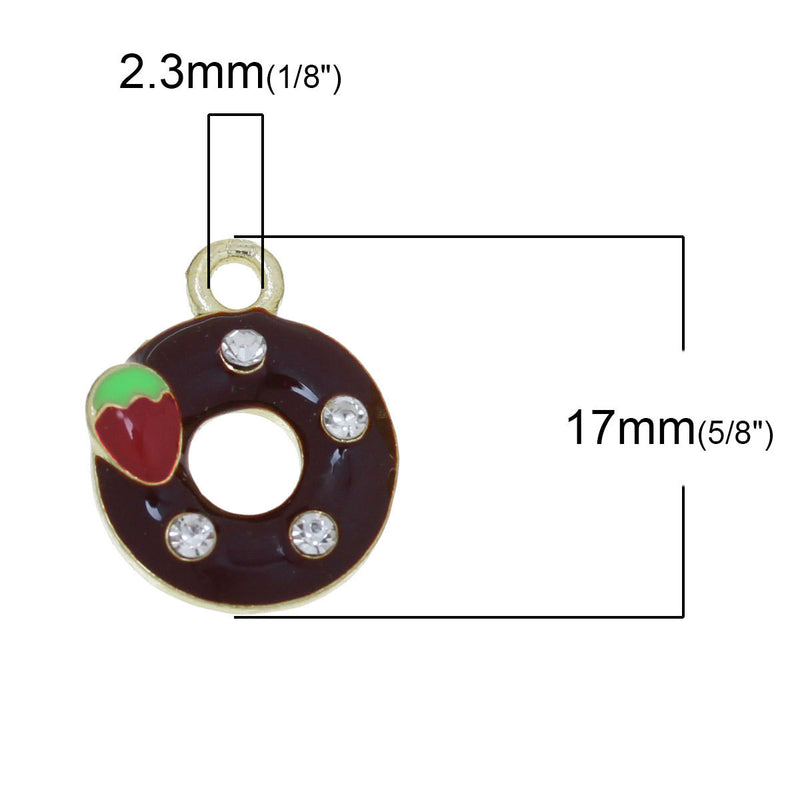 5 CHOCOLATE FOODIE Donut Gold Plated Enamel Rhinestone Charm Pendants, 14mm . che0495