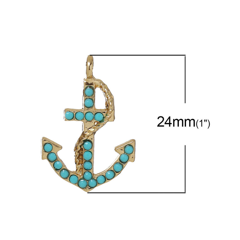 5 NAUTICAL ANCHOR Charms or Pendants, Gold Plated with opaque turquoise blue accents, chg0363