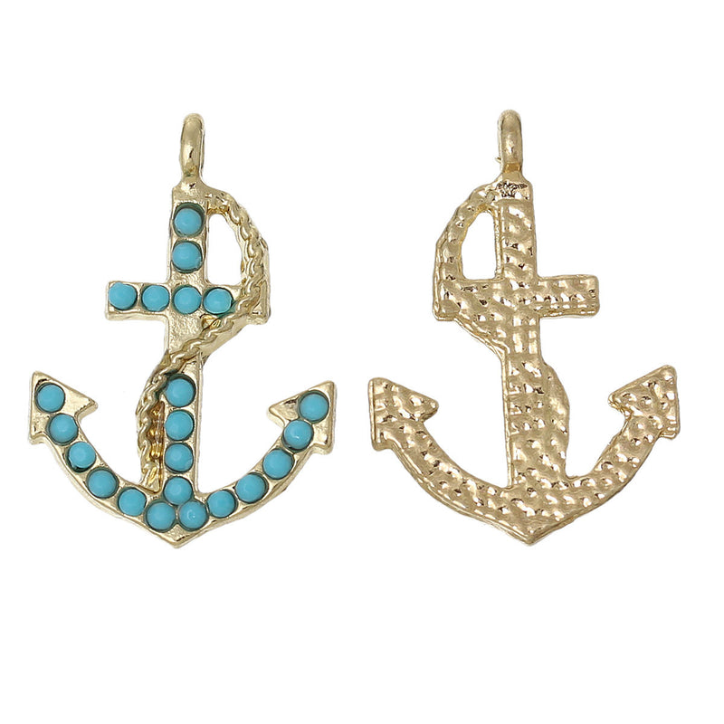 5 NAUTICAL ANCHOR Charms or Pendants, Gold Plated with opaque turquoise blue accents, chg0363