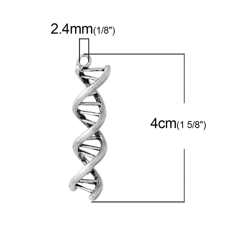 5 Large DNA HELIX Charms, 4cm long, antique silver tone metal pendants, science geek jewelry, geek charms, science charms, chs2235
