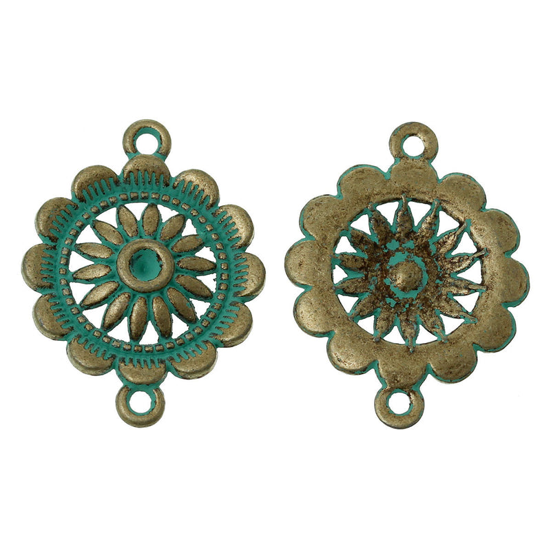 5 PATINA BRONZE Connectors Floral, Round Links, Charm Pendants, 7/8" dia. fits ss12 rhinestones . chb0418