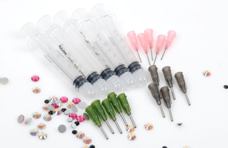 Assorted Luer Loc Tips and Glue Syringes, Crystal Ninja rhinestone pickup tool kit, 20, 16 and 14 gauge, 15 tips and 5 syringes tol0447