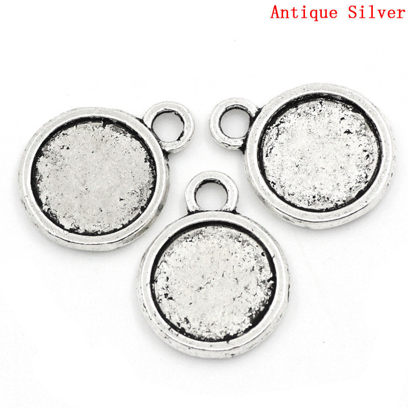 10 Two-sided bezel tray charms (fits 11mm round cabochons) pendants, antique silver, chs2250