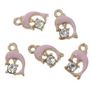 5 Pink Dolphin Charms, Dolphin Pendant, with rhinestone gold charms, enamel, chg0366