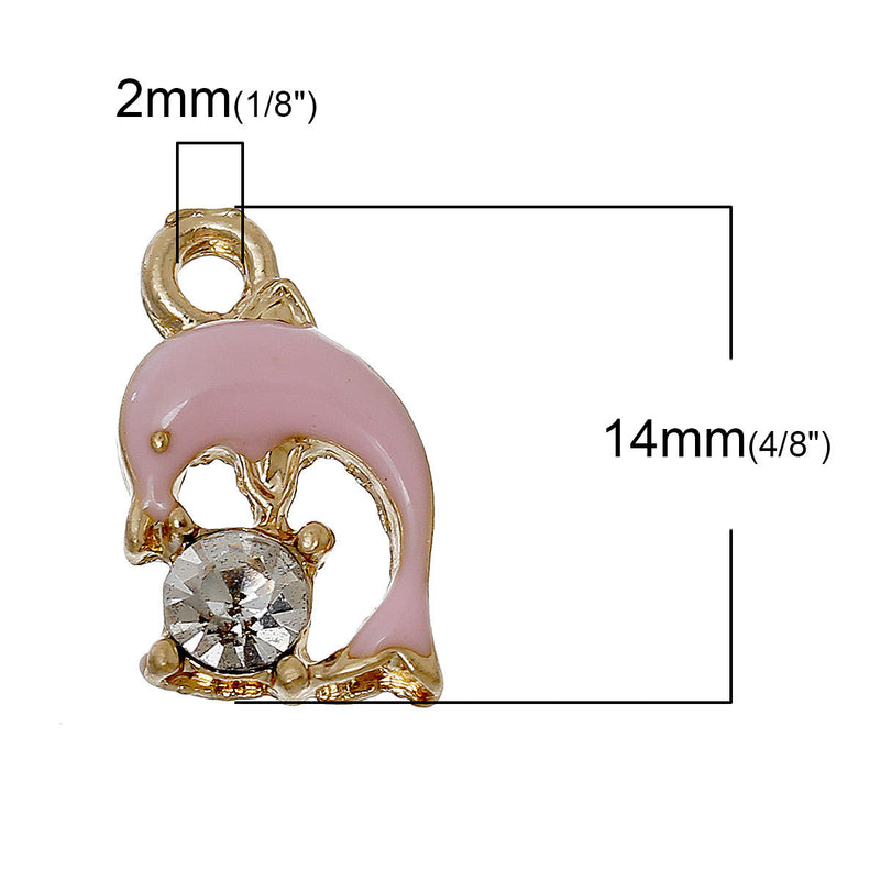 5 Pink Dolphin Charms, Dolphin Pendant, with rhinestone gold charms, enamel, chg0366