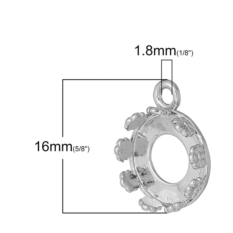 5 Bezel flower round cabochon setting charm pendants (fits 10mm), bezel tray, silver tone charms, chs2260