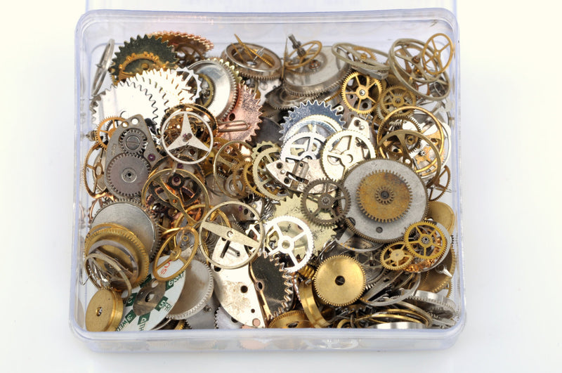 WATCH PARTS Assortment, Steampunk Watch Gears, Tiny Watch Parts, Brass Watch Parts, Copper and Silver Watch Gears, 50 gram box, fin0515