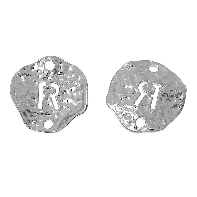 5 Silver letter R connector Charms, Monogram R Charms, Alphabet R, hammered metal, 1/2" diameter domed connector links, findings, chs2259