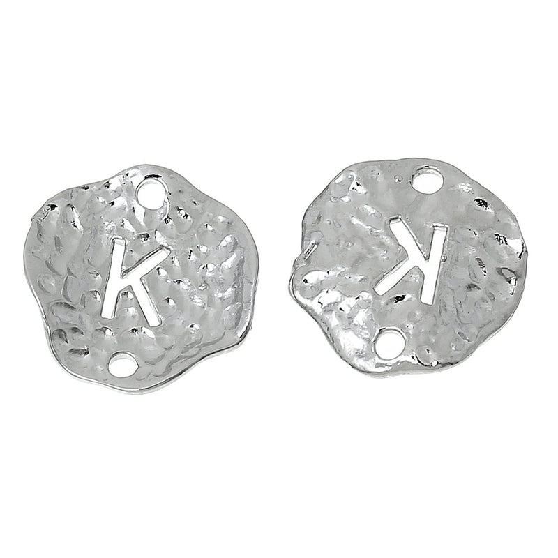 5 Silver letter K connector Charms, Monogram K Charms, Alphabet K, hammered metal, 1/2" diameter domed connector links, findings, chs2258