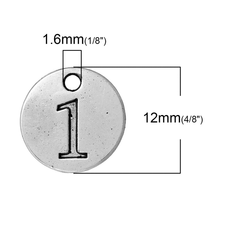 10 Number 1 (one) Antique Silver Carved Circle Disc Charm Pendant .  chs2268