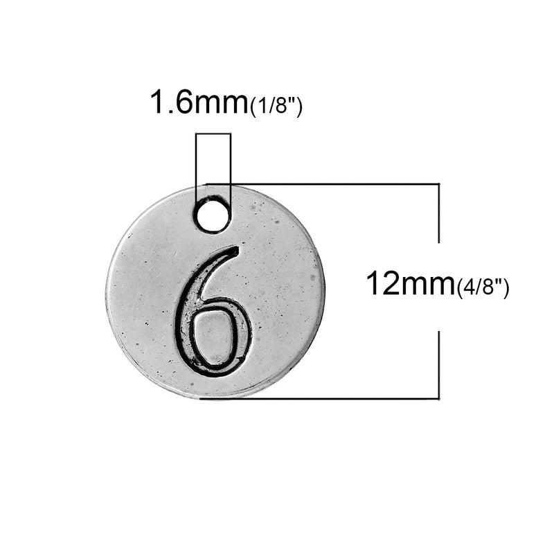 10 Number 6 (six) Antique Silver Carved Circle Disc Charm Pendant .  chs2273