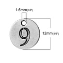 10 Number 9 (nine) Antique Silver Carved Circle Disc Charm Pendant .  chs2276