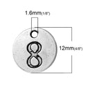 10 Number 8 (eight) Antique Silver Carved Circle Disc Charm Pendant .  chs2275