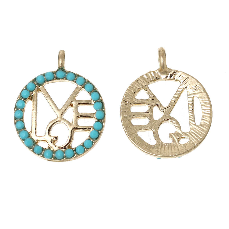 5 Gold Plated LOVE Charms, ringed in Turquoise Blue resin, Love circle charms, Love Pendants, cut out design, chg0372