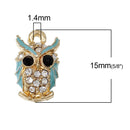 5 TURQUOISE BLUE Owl Charm Pendants, gold plated, with rhinestones, 15mm x 9mm, chg0371