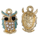 5 TURQUOISE BLUE Owl Charm Pendants, gold plated, with rhinestones, 15mm x 9mm, chg0371