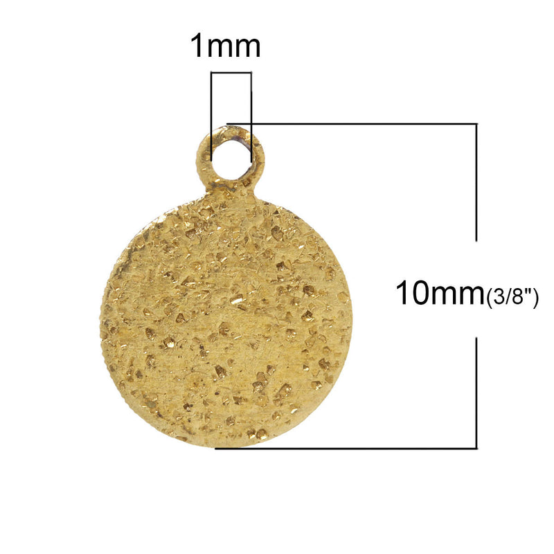 100 Gold Brass Stardust ROUND Charm Pendants, gold dot charms, 10mm x 8mm, bulk package, chg0367b