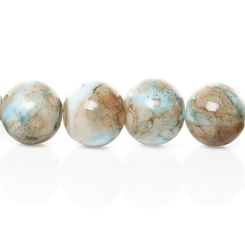 10mm Round Glass Beads, white with turquoise blue and brown marbeling, marble pattern, double strand, about 80 beads, bgl0020b