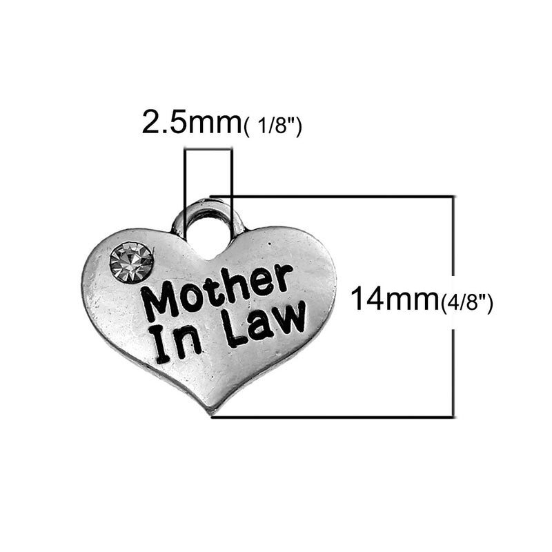 1 MOTHER IN Law Heart Charm Pendant, Stamped Words on Both Sides, Clear Rhinestone, 16x14mm  chs2292