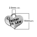 1 FATHER IN Law Heart Charm Pendant, Stamped Words on Both Sides, Clear Rhinestone, 16x14mm   chs2293