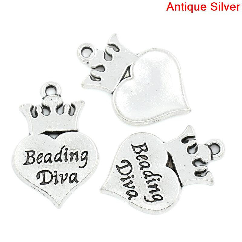8 BEADING DIVA Charm Pendants, Heart with Crown, Antique Silver, 24x15mm,  chs2291