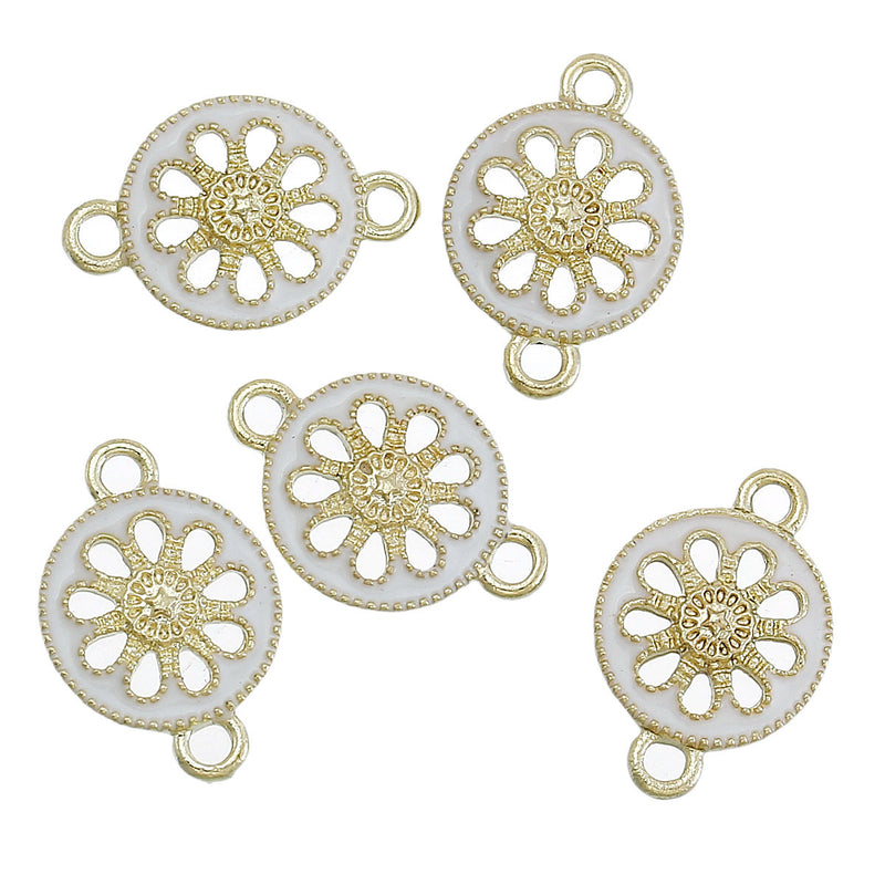 5 WHITE FLORAL CONNECTORS Round Links, Enamel Charm Pendants, gold plated, 1/2" dia. Chg0376