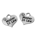 1 MOTHER IN Law Heart Charm Pendant, Stamped Words on Both Sides, Clear Rhinestone, 16x14mm  chs2292