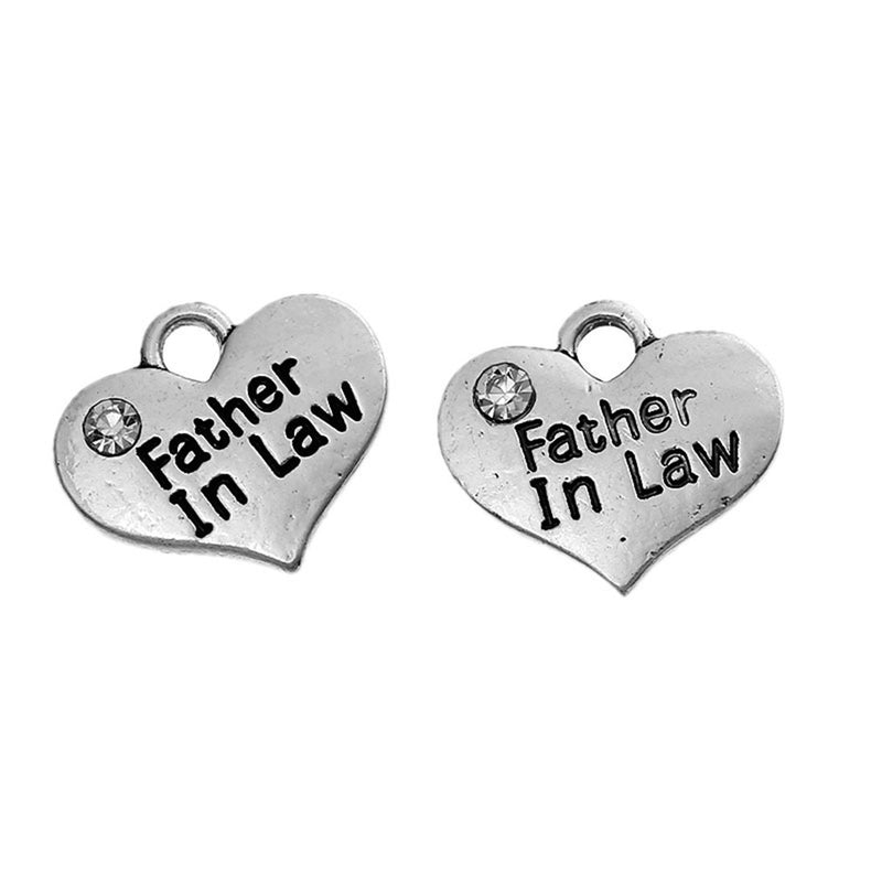 1 FATHER IN Law Heart Charm Pendant, Stamped Words on Both Sides, Clear Rhinestone, 16x14mm   chs2293