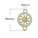 5 WHITE FLORAL CONNECTORS Round Links, Enamel Charm Pendants, gold plated, 1/2" dia. Chg0376