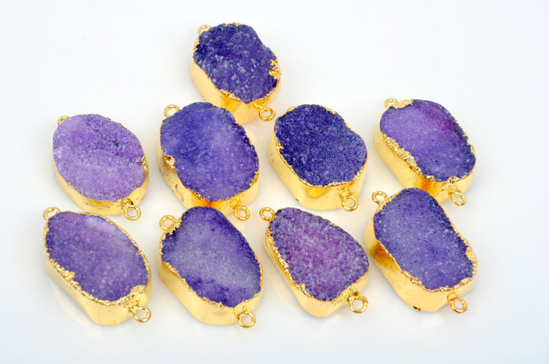 5 PURPLE DRUZY Gemstone Connector Links, large raw druzy, double bails, Oval GOLD Plated Bezel, 1-3/4" long  gdz0135