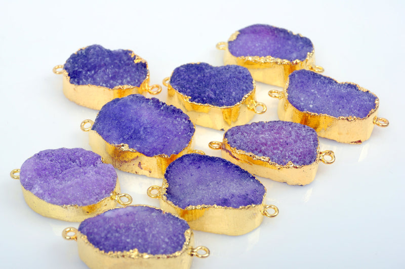 5 PURPLE DRUZY Gemstone Connector Links, large raw druzy, double bails, Oval GOLD Plated Bezel, 1-3/4" long  gdz0135