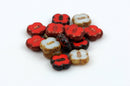 15 RED AND WHITE Poppy Flower Czech Glass Beads 12mm bgl1342