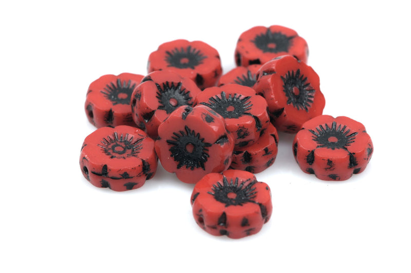 12 RED Poppy Flower Czech Glass Beads 12mm bgl1341