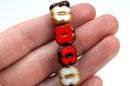 15 RED AND WHITE Poppy Flower Czech Glass Beads 12mm bgl1342