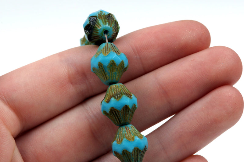 15 TURQUOISE with PICASSO Baroque Bicone Czech Glass Beads 13mm bgl1340