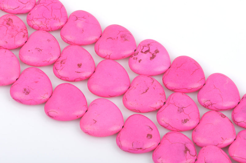 30mm Howlite Heart Beads, HOT PINK, Puffy Heart Beads, Puffed Heart Beads, full strand, 14 beads per strand, how0413