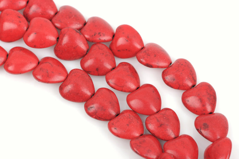 12mm Howlite Heart Beads, RED, Puffy Heart Beads, Puffed Heart Beads, full strand, 36 beads per strand, how0418