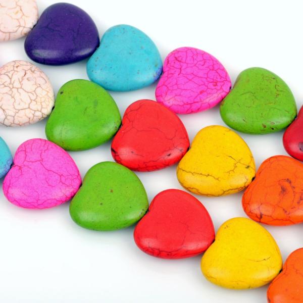16mm Howlite Heart Beads, Mixed Colors GEMSTONE PUFFY HEART Beads in Bright Colors, full strand, 26 beads per strand, how0681